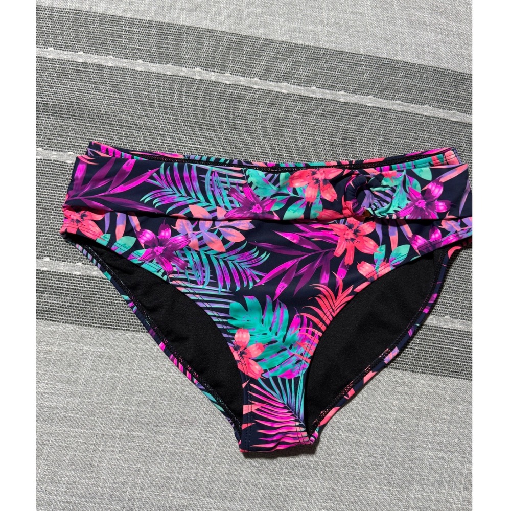Heat Swimwear Womens Tropical Floral Bikini Bottoms Large Pink Teal Palm Leaf